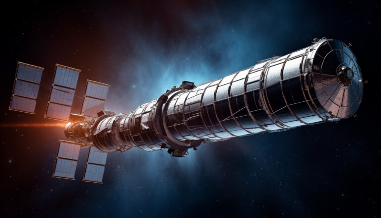 Futuristic spaceship orbits glowing planet in electric blue galaxy