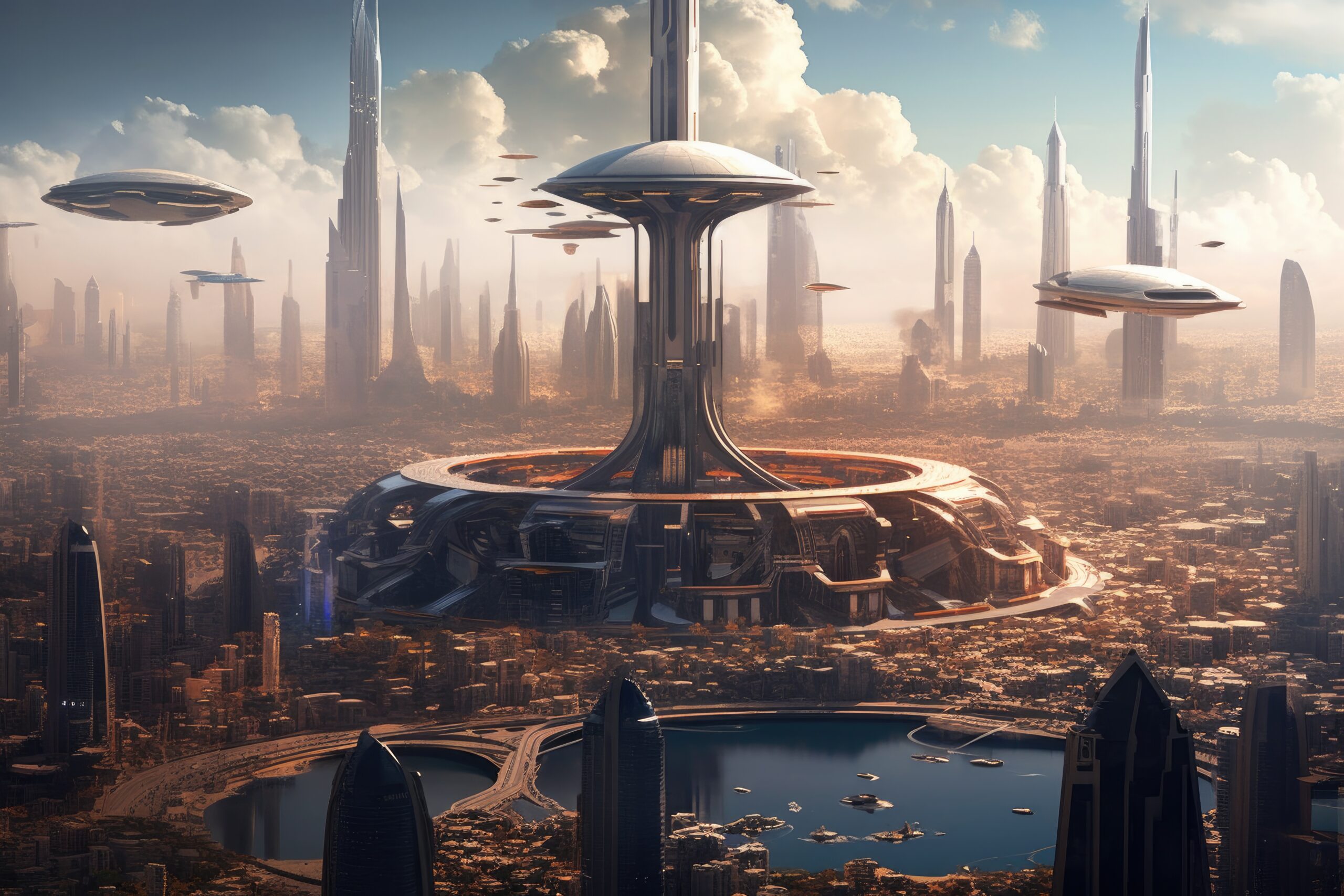 Futuristic Vision of Dubai City with Space Elevator Free Photo